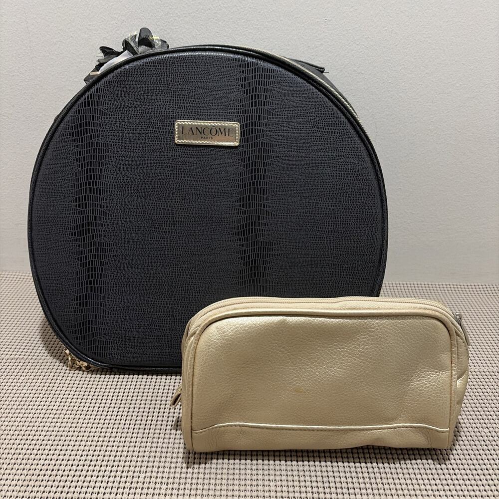 Lancôme Travel Case Lot – Black Circle Reptile Design & Small Gold Cosmetic Bag
